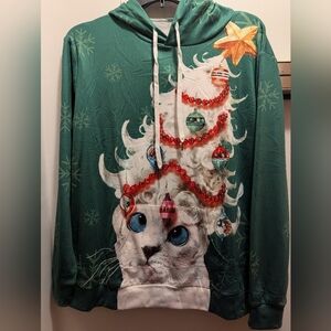 Christmas Men's XL Hooded  Green Cat Tree Ugly Sweater New